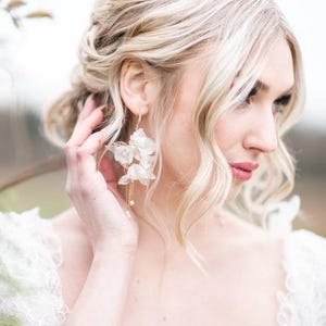 Floral Bridal Earrings, Long Silk Flower Wedding Earrings, Bohemian Style Bridal Earrings, Floral Earrings For Bride