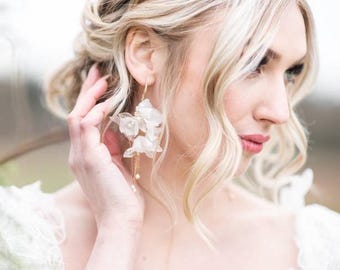 Floral Bridal Earrings, Long Silk Flower Wedding Earrings, Bohemian Style Bridal Earrings, Floral Earrings For Bride