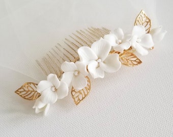 Porcelain Flower Bridal Hair Clip, Floral Wedding Hair Comb, Clay Flower Bridal Hair Accessory