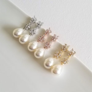 Wedding Pearl Drop Earrings, Cubic Zirconia Pearl Earrings For Bride, Large Pearl Drop Wedding Earrings