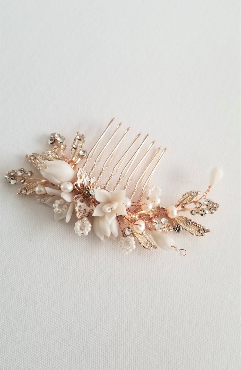 Rose Gold Wedding Hair Comb Porcelain Flowers Crystal Clay Flower Bridal Hair Comb Rose Gold Floral Wedding Hair Comb