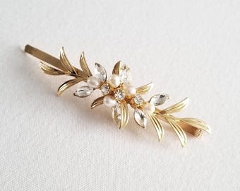 Gold Leaf Wedding Side Hair Clip with Freshwater Pearls and Rhinestones, Silver or Gold Bridal Hair Slide