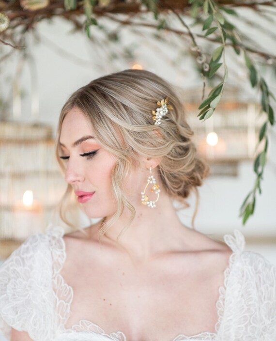 Gold Wedding Hair Comb Freshwater Pearls, Small Gold Floral 
