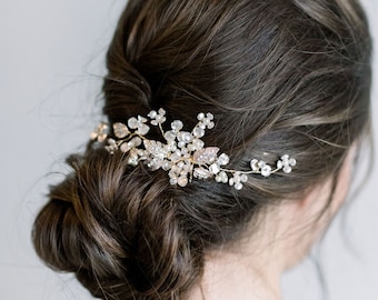 Gold Floral Wedding Hair Comb, Pearl and Crystal Bridal Hair Comb, Wedding Hair Accessory For The Bride