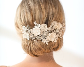 Wedding Lace Headpiece,  Pearl Beaded Lace Vine, Wedding Headpiece, Floral Wedding Hair Accessory