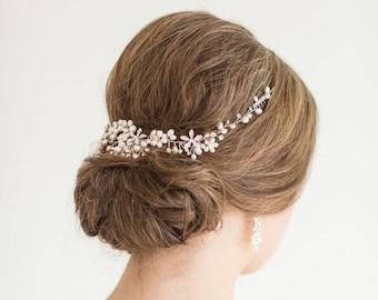 Freshwater Pearl Wedding Hair Vine, Silver Bridal Headpiece with Real Pearls and Crystals