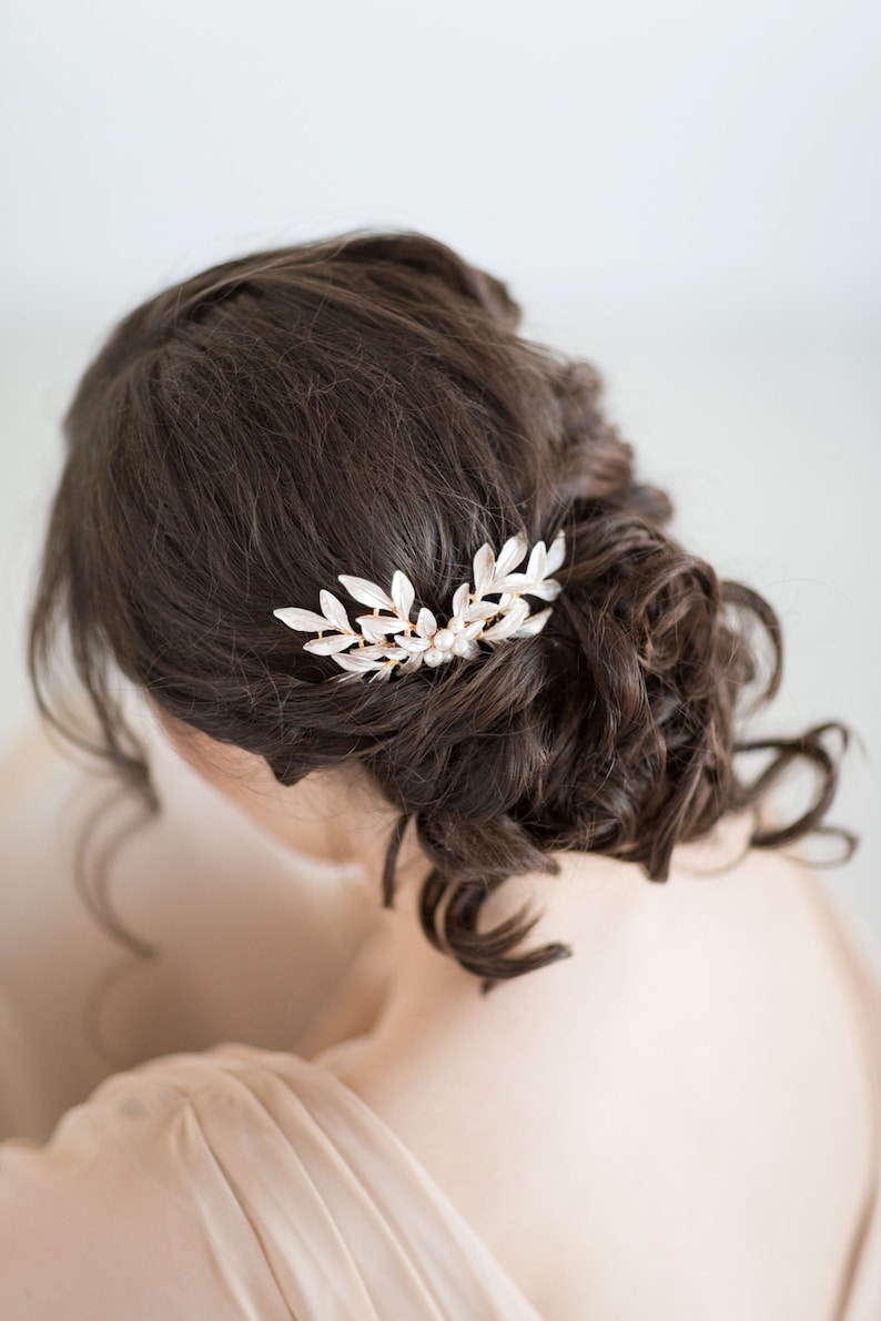 Gold Leaf Hair Comb, Bridal Hair Comb, Gold Wedding Headpiece, Silver Pearl Hair Comb, Olive Branch Hair Comb image 1