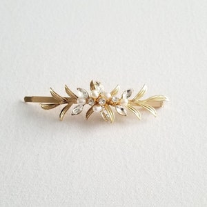 Gold Leaf Wedding Hair Clip with Pearls, Small Wedding Hair Accessory, CZ Bridal Side Hair Clip, CZ Freshwater Pearl Wedding Bobby Pin image 8