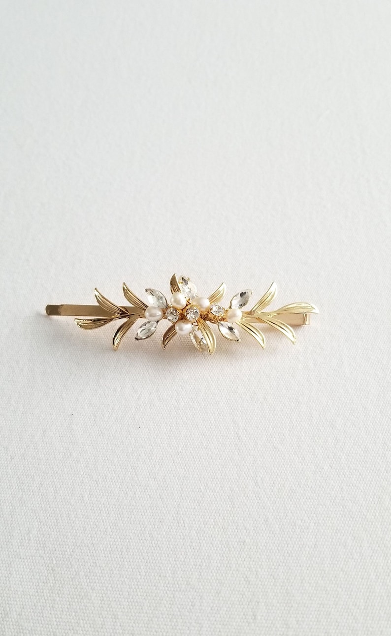 Gold Leaf Wedding Hair Clip with Pearls, Small Wedding Hair Accessory, CZ Bridal Side Hair Clip, CZ Freshwater Pearl Wedding Bobby Pin image 8