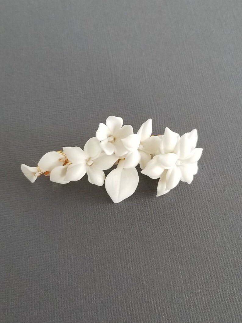 Clip de pelo de boda flores de porcelana, barrette de pelo de boda floral pequeño, clip de pelo nupcial de flor de arcilla imagen 6