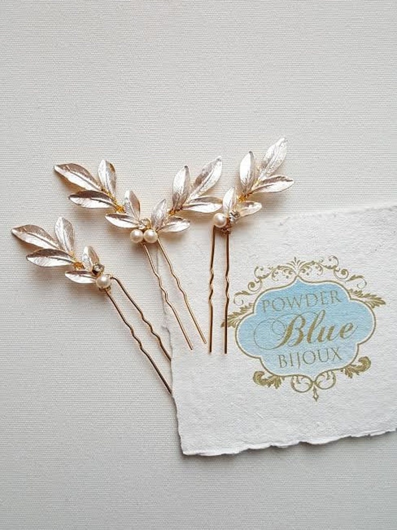 Wedding Hair Pins Gold Leaf, Gold Hair Pins, Bridal Hair Pins, Olive Branch Hair Pins, Silver Leaf Hair Pins image 4