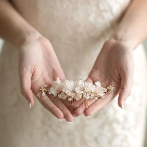 Peine de pelo nupcial, tocado de boda, peine de pelo de cristal floral, peine de boda rosa rubor dorado, postizo floral nupcial imagen 2