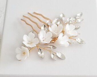 Wedding Hair Comb, Porcelain Flowers, Crystal Rhinestones, Small Floral Wedding Hair Accessory