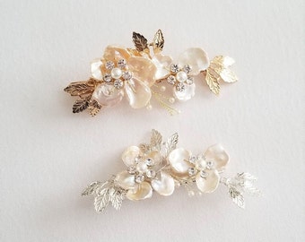 Floral Wedding Hair Clip Freshwater Pearl, Bridal Hair Clip for Bride, Gold Flower Pearl Crystal Hairpiece, Silver Pearl Hair Clip