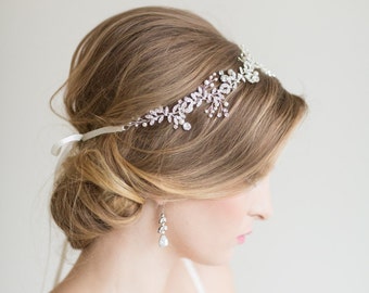 Wedding Hair Vine, Pearl Crystal Hair Vine, Crystal Bridal Headpiece, Bridal Headband, Wedding Ribbon Headband