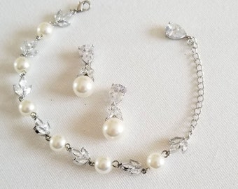 Pearl Bridal Bracelet Earring Set, Wedding Pearl Bracelet, Pearl Drop Bridal Earrings, Bridal Jewelry Set