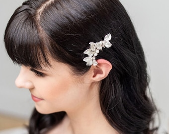 Gold Freshwater Pearl Floral Bridal Hair Comb, Crystal Leaf Wedding Accessory