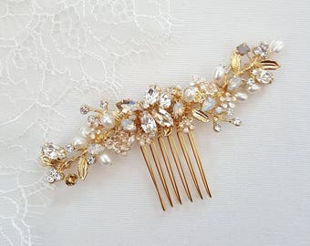 Gold Wedding Hair Comb, Gold White Opal Hair Comb, Wedding Hair Comb, Bridal Hair Pin, Pearl White Opal Bridal Hair Accessory