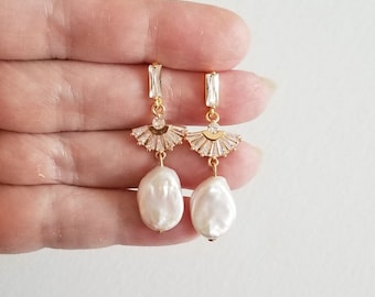 Pearl Drop Cubic Zirconia Bridal Earrings, Freshwater Pearl Earrings For Bride, Art Deco Drop Pearl Wedding Earrings