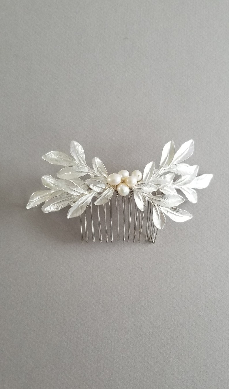 Gold Leaf Hair Comb, Bridal Hair Comb, Gold Wedding Headpiece, Silver Pearl Hair Comb, Olive Branch Hair Comb image 9