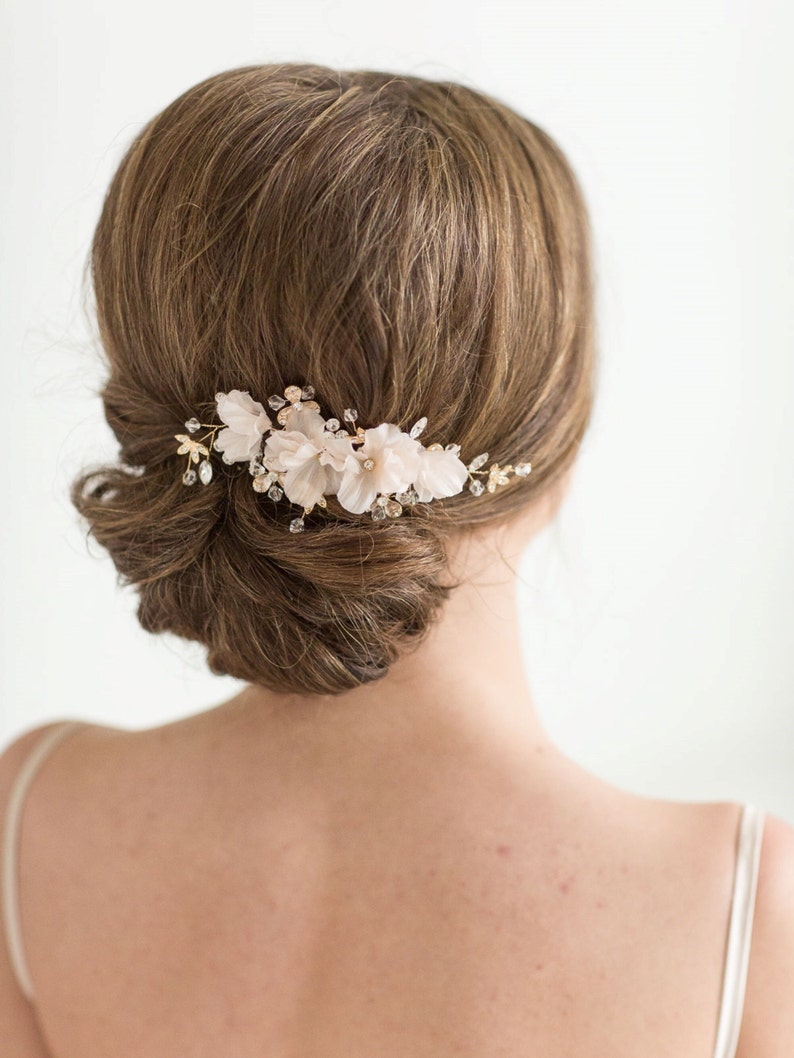 Peine de pelo nupcial, tocado de boda, peine de pelo de cristal floral, peine de boda rosa rubor dorado, postizo floral nupcial imagen 1