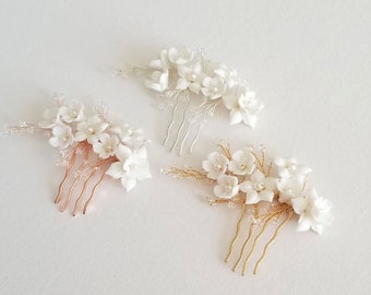 Wedding Hair Comb Porcelain Flowers, Small Floral Wedding Hair Comb, Clay Flower Bridal Hair Comb