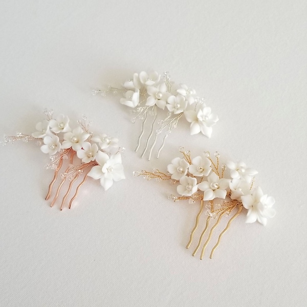 Wedding Hair Comb Porcelain Flowers, Small Floral Wedding Hair Comb, Clay Flower Bridal Hair Comb