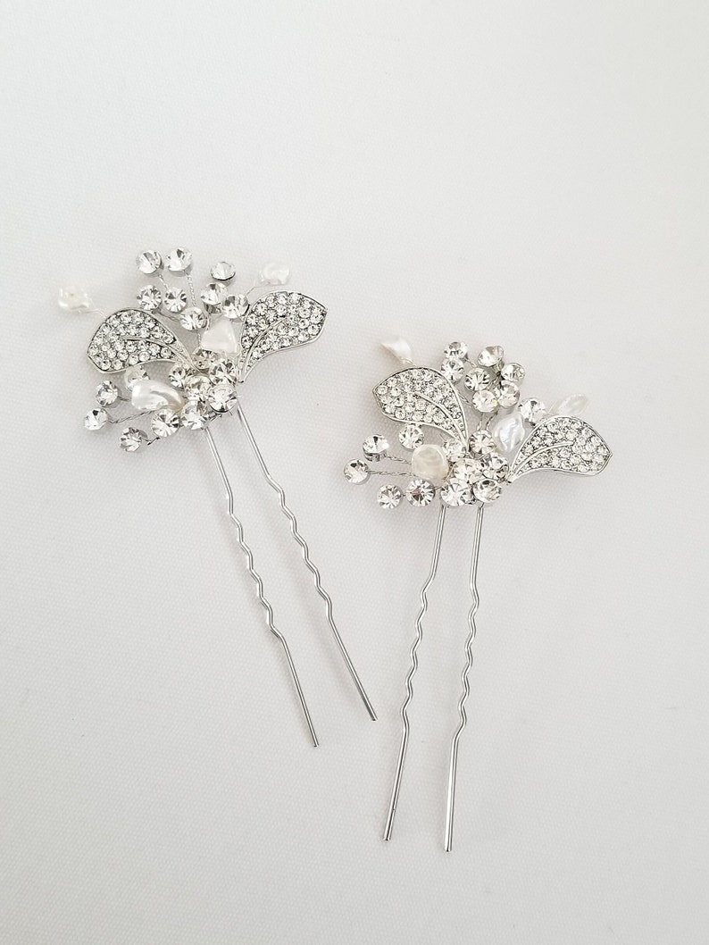 Wedding Hair Pins Crystal with Freshwater Pearls, Silver Floral Bridal Hair Sticks with Pearls image 8