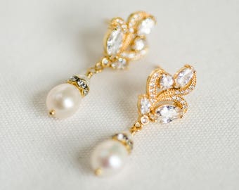 Gold Pearl Wedding Earrings,  CZ Bridal Earrings, Wedding Jewelry, Pearl Wedding Earrings