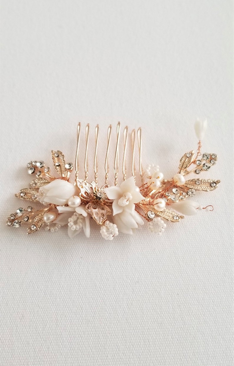 Rose Gold Wedding Hair Comb Porcelain Flowers Crystal Clay Flower Bridal Hair Comb Rose Gold Floral Wedding Hair Comb