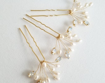 Wedding Pearl Hair Pins, Gold Bridal Hair Pins, Pearl Wedding Hair Pins, Crystal Freshwater Pearl Bridal Hair Pins