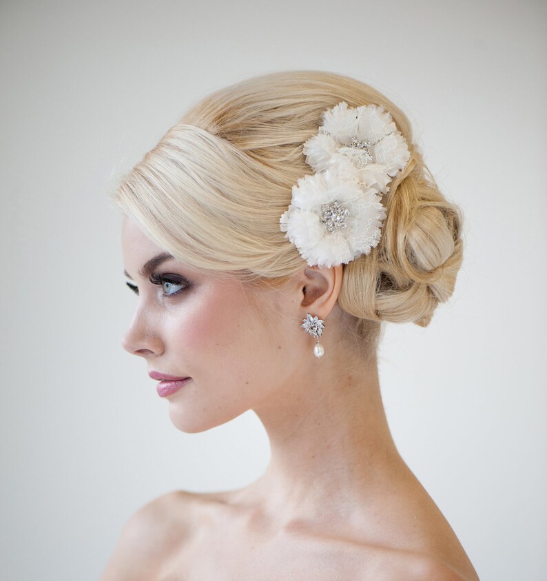 Silk Flower Bridal Hair Clip, Lace Wedding Headpiece, Sold as Single Clip image 1