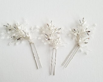 Crystal Bridal Hair Pins, Floral Hair Pins for Bride, Silver Wedding Hair Pins, Crystal Beaded Bridal Hair Pins