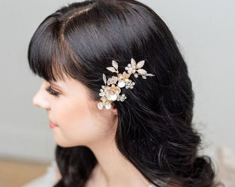 Floral Wedding Hair Clip, Bridal Hair Clip for Bride, Gold Flower Pearl Crystal Hairpiece