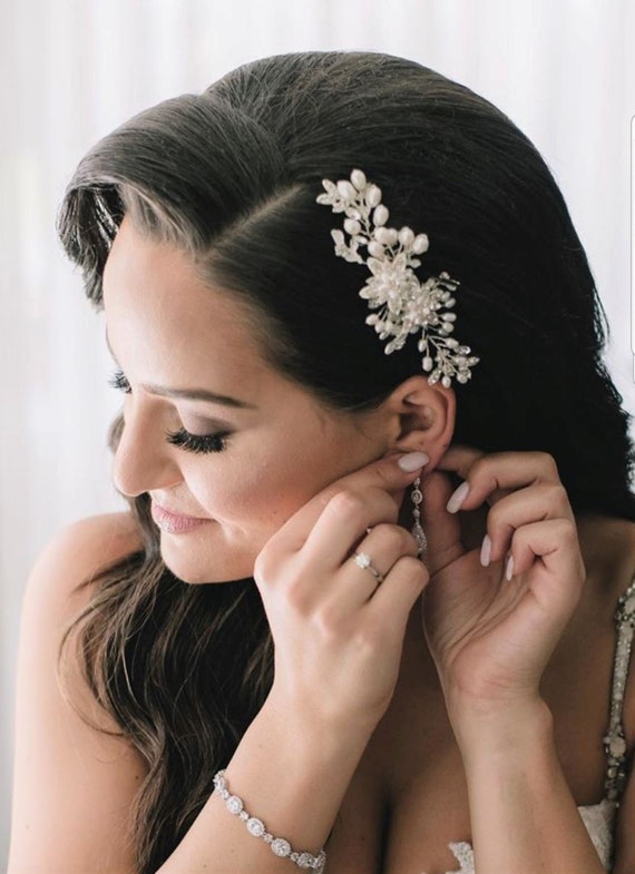 PowderBlueBijoux Wedding Pearl Hair Clip, Wedding Hair Accessory, CZ Pearl Bridal Hair Clip, Crystal Hair Clip, Wedding Headpiece