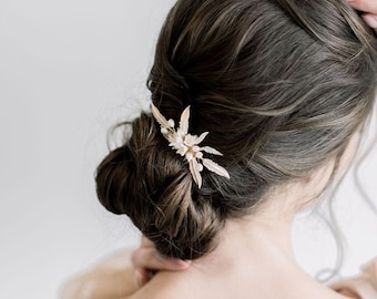 Gold Wedding Hair Comb With Polymer Clay Flowers and Freshwater Pearls
