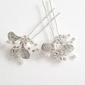 Épingles à cheveux de mariage en cristal et perles d'eau douce, Épingles à cheveux de mariée florales argentées avec perles image 5