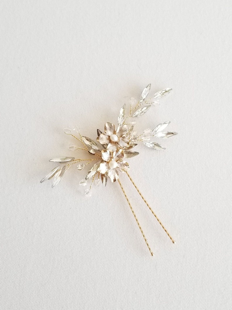 Floral Wedding Hair Pin, Gold Crystal Hair Pin For Bride, Wedding Pearl and Crystal Gold Hair Pin image 6