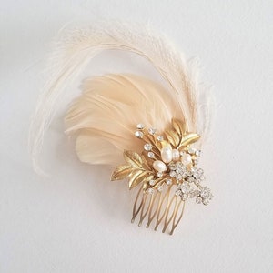 Bridal Gold Blush Pink Feather Headpiece, Champagne Wedding Feather Fascinator, Wedding Feather Hairpiece image 9