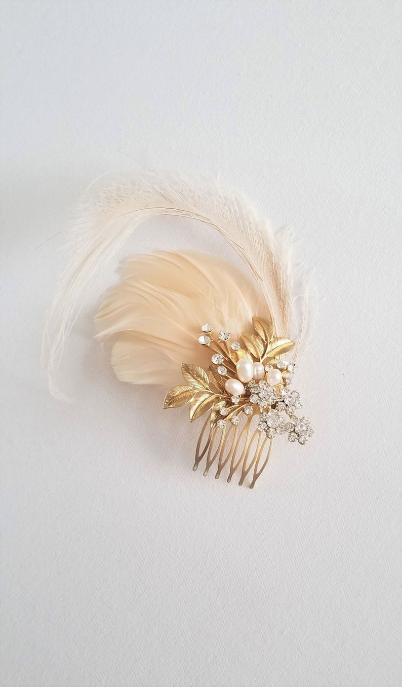 Bridal Gold Blush Pink Feather Headpiece, Champagne Wedding Feather Fascinator, Wedding Feather Hairpiece image 9