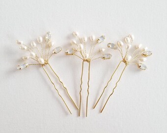 Freshwater Pearl Bridal Hair Pins, Crystal Rhinestone Wedding Accessory, Set Of 3