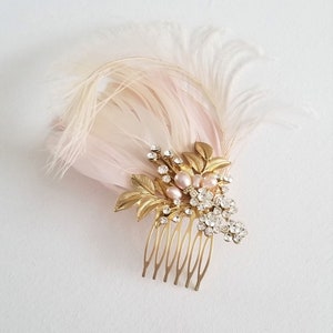 Bridal Gold Blush Pink Feather Headpiece, Champagne Wedding Feather Fascinator, Wedding Feather Hairpiece image 10