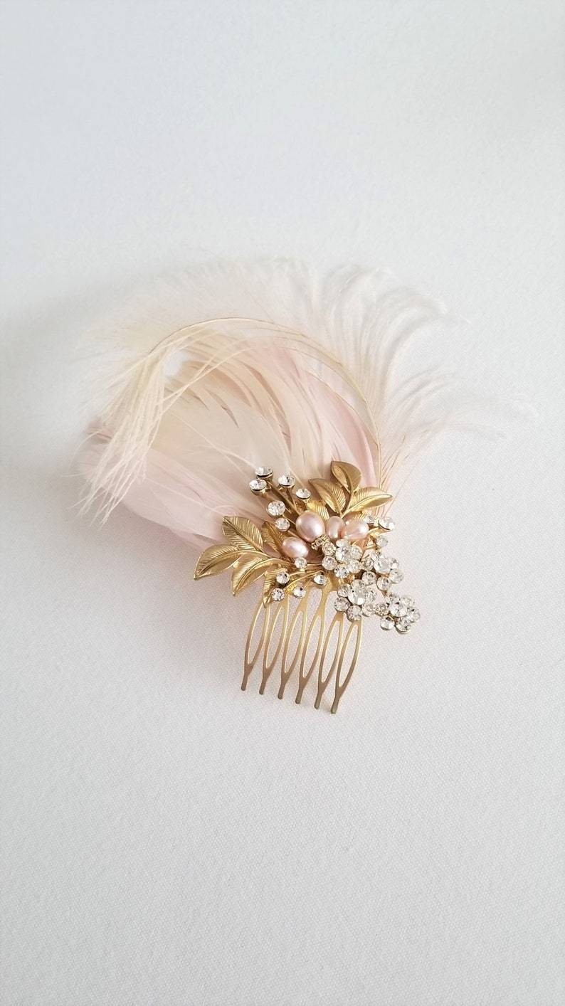 Bridal Gold Blush Pink Feather Headpiece, Champagne Wedding Feather Fascinator, Wedding Feather Hairpiece image 10