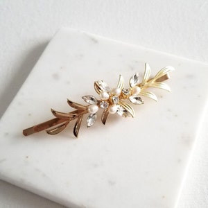 Gold Leaf Wedding Hair Clip with Pearls, Small Wedding Hair Accessory, CZ Bridal Side Hair Clip, CZ Freshwater Pearl Wedding Bobby Pin image 5