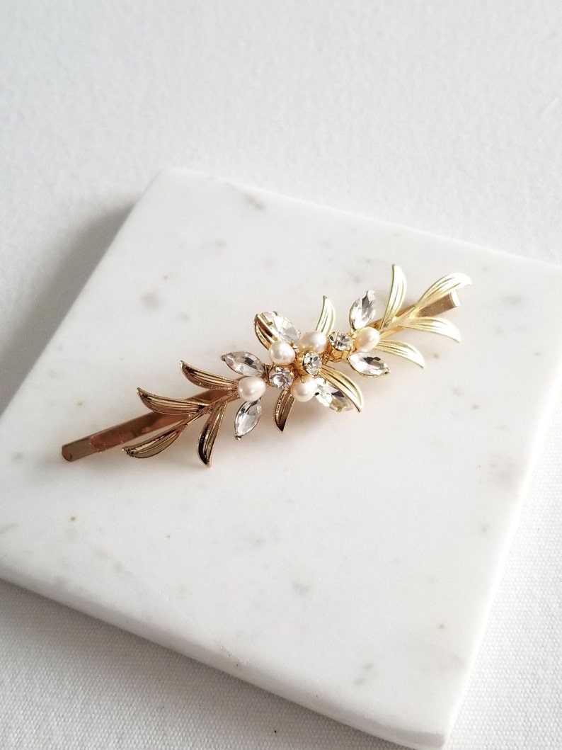 Gold Leaf Wedding Hair Clip with Pearls, Small Wedding Hair Accessory, CZ Bridal Side Hair Clip, CZ Freshwater Pearl Wedding Bobby Pin image 5