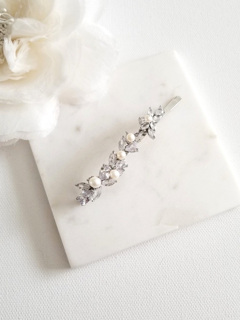 Wedding Hair Clip with Pearls, Wedding Hair Accessory, CZ Bridal Hair Clip, CZ Freshwater Pearl Wedding Bobby Pin image 2