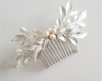 Silver Leaf Hair Comb, Bridal Hair Comb, Gold Wedding Headpiece, Silver Pearl Hair Comb, Olive Branch Hair Comb