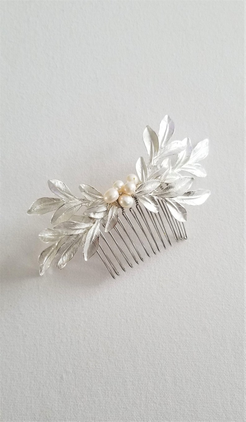 Gold Leaf Hair Comb, Bridal Hair Comb, Gold Wedding Headpiece, Silver Pearl Hair Comb, Olive Branch Hair Comb image 7