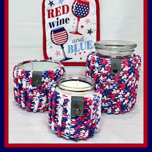 Patriotic Emmett Crochet Candle Cozy | Crochet Candle Holder | Candle Cover | Crochet Plant Cozy | Mason Jar Cover | Crochet Jar Cover