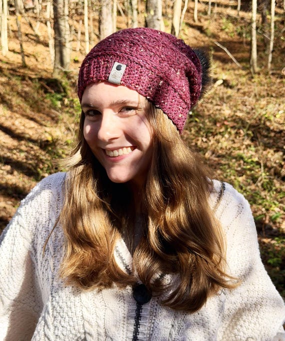 Boysenberry Falynn Crochet Beanie: Tweed Winter Hat with Faux Fur Pom-Pom